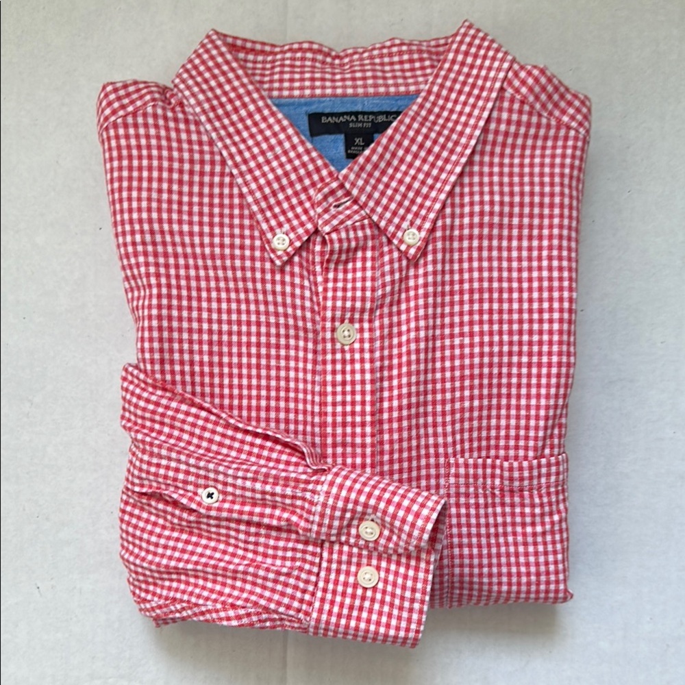 Banana Republic Red Checkered Linen Blend Men's Shirt